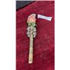Image 1 : Handcrafted Folk Art Ceremonial Rattle Staff with Shrunken Head, Jingle Bells and Leaves, 13”