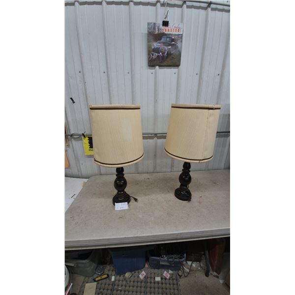 Pair of Table Lamps with Fabric Shades and Turned Wood Bases