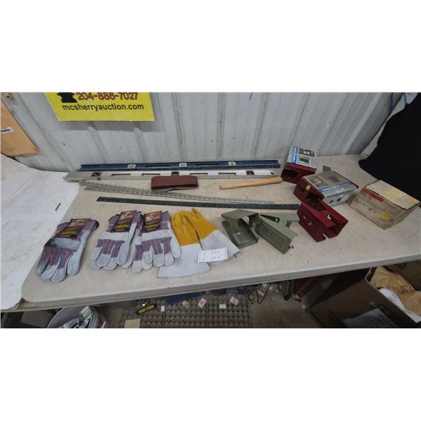 Assorted Levels, Sawhorse Brackets, Work Gloves, Rulers, and Hammer Handle