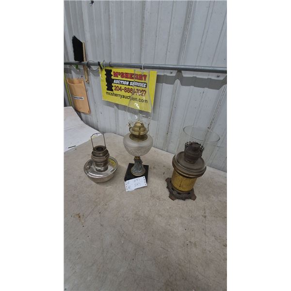 Three Antique Oil Lamps: Frosted Glass and Brass Lamp with Figural Base, and Two Metal Lamps