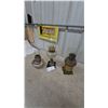Image 1 : Three Antique Oil Lamps: Frosted Glass and Brass Lamp with Figural Base, and Two Metal Lamps