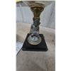 Image 3 : Three Antique Oil Lamps: Frosted Glass and Brass Lamp with Figural Base, and Two Metal Lamps