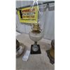 Image 4 : Three Antique Oil Lamps: Frosted Glass and Brass Lamp with Figural Base, and Two Metal Lamps
