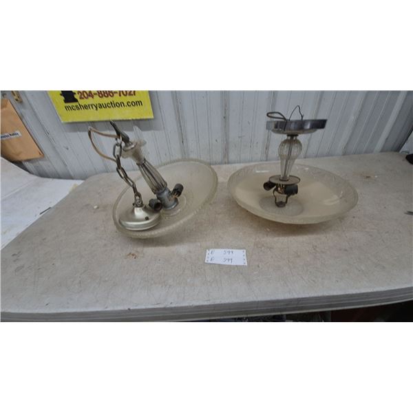 Two Vintage Ceiling Light Fixtures: One Hanging and One Flush Mount, Both with Frosted Glass Shades