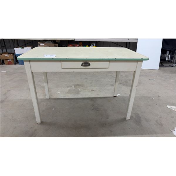 Vintage 1930s-1950s Enamel Top Kitchen Utility Table with Mint Green Trim and Divided Drawer