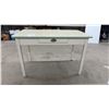 Image 1 : Vintage 1930s-1950s Enamel Top Kitchen Utility Table with Mint Green Trim and Divided Drawer