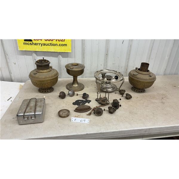 Antique Oil Lamp Fonts, Dover No. C 822 Sad Iron, Burners, Chafing Dish Stand