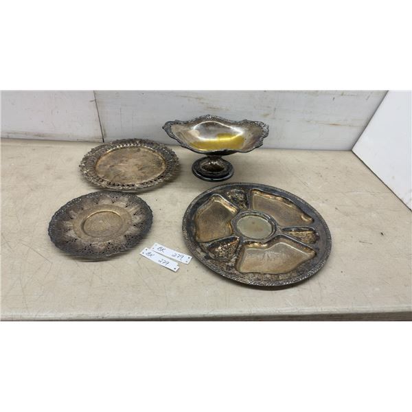 Silver-Plated Serving Ware Including Footed Compote, Pierced Trays, and Segmented Platter