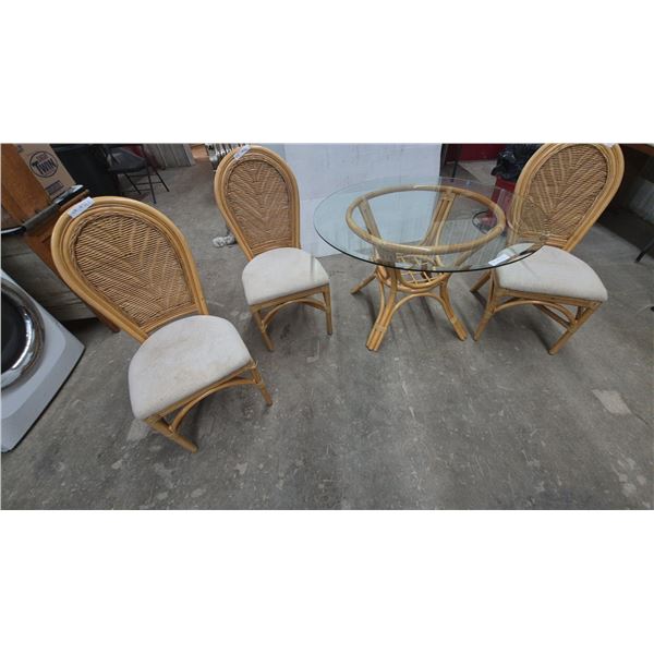 Rattan and Glass Dining Table with Three Rattan Dining Chairs