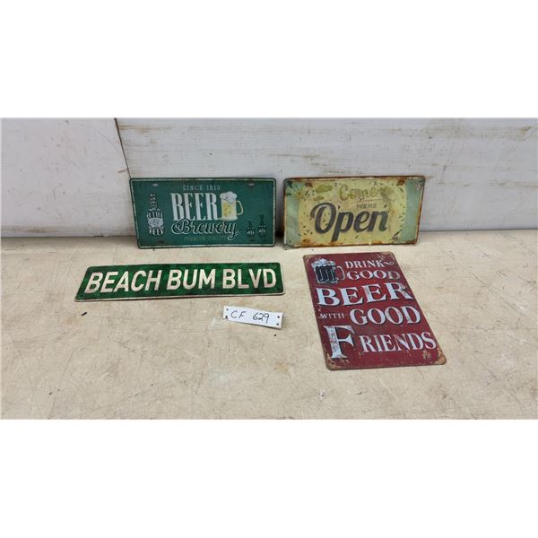 Four Metal Modern Novelty Signs, Largest, 12 × 8”