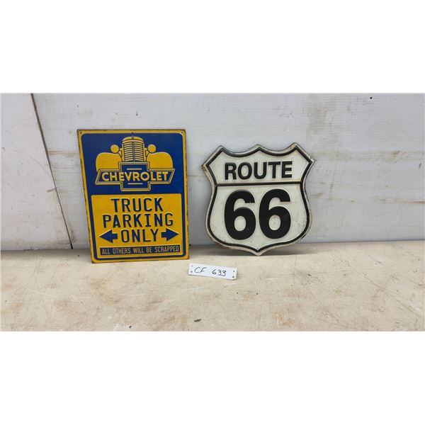 Two Modern Metal Signs, Chevrolet Truck Parking Only and Route 66 Signs, Largest 12 × 9”