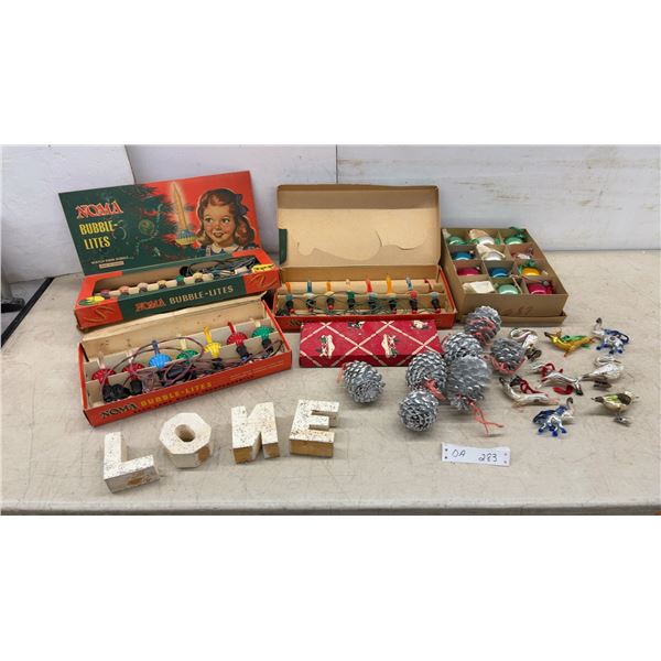 Vintage NOMA Bubble-Lites Christmas Lights, Glass Ornaments, Pinecones and Noel Candle Holders