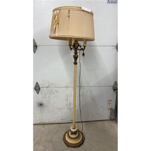 Antique Ornate Floor Lamp with Fluted Column, Brass and Marble Tiered Base, Pleated Fabric Shade
