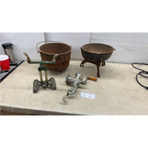 Porkert No. 5 Meat Grinder, Cast Iron Sprinkler, Cast Iron Kettles, Cast Iron Stand, Manual Drills