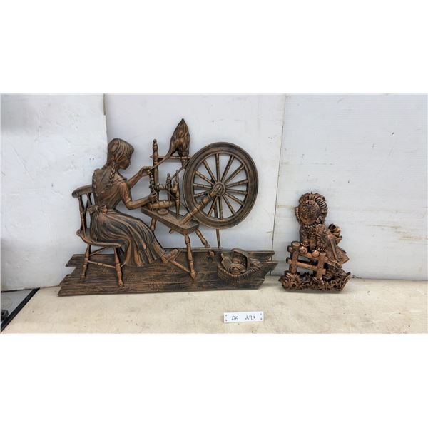 Coppercraft Sculptures, Woman at Spinning Wheel and Scarecrow on Fence, Largest 20 × 25”