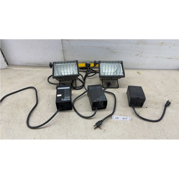 Halogen Work Light Stand with Two Lights and Three Mastercraft All Weather Outdoor Timers