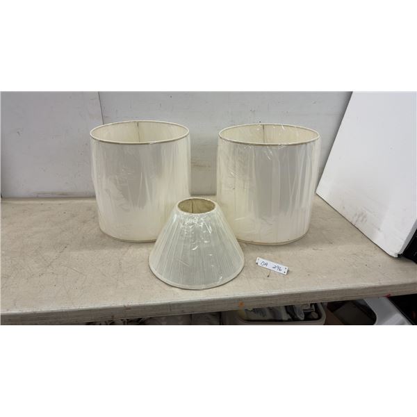 Three Off-White Lamp Shades, Two Large Cylindrical Drum and One Small Conical Pleated