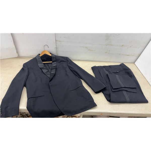 Men's Black Tuxedo with Shawl Collar Jacket and Pleated Satin Stripe Trousers, No Size Listed