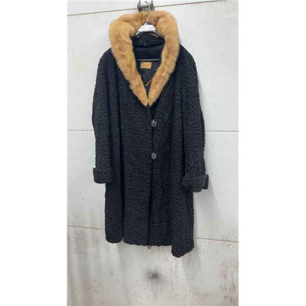 Vintage J. Pilutik Fur Co. Winnipeg Black Persian Lamb Coat with Brown Fur Collar. Sz M-L