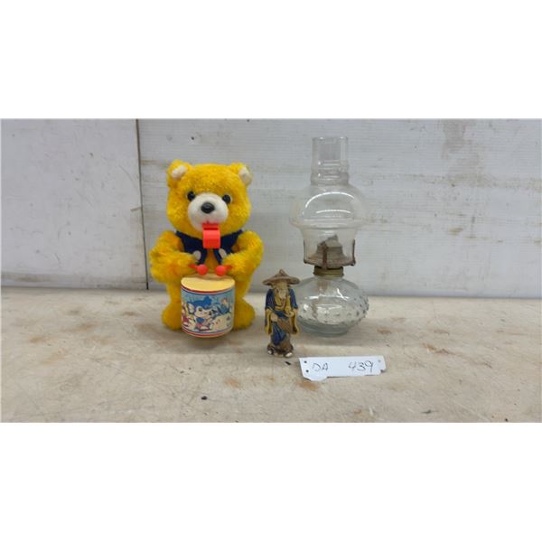 Vintage Japanese Alps Battery-Operated Musical Drumming Bear Toy, Oil Lamp