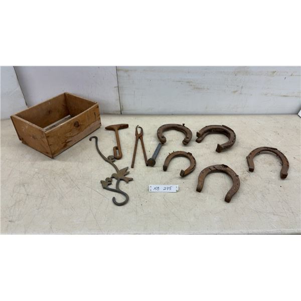 Antique Farrier Tools, Horseshoes, Cast Iron Hummingbird Décor, Wooden Box