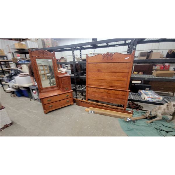 Antique Dresser with Mirror, Cabinet, and Full-Size Bed Frame
