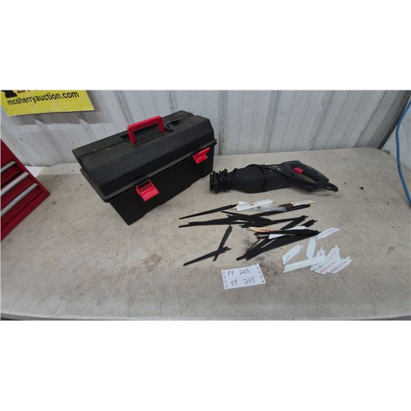 Jobmate Reciprocating Saw (120V, 6.5A, 0-2800 RPM), Tool Box, and Saw Blades