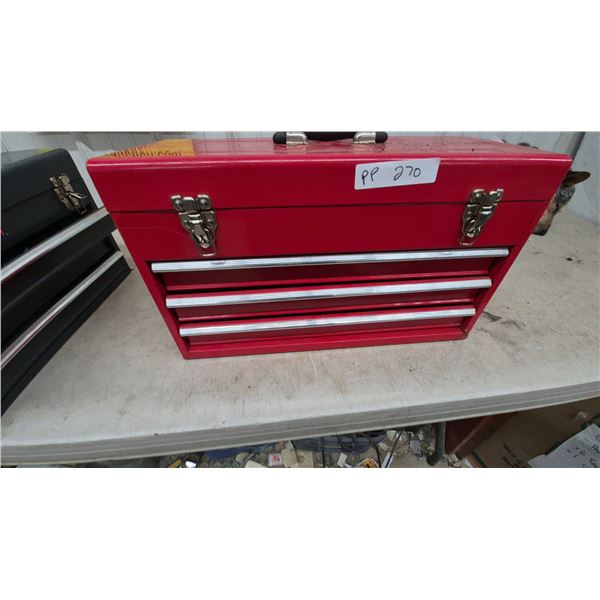Red 3-Drawer Tool Box with Top Compartment, 12”×20”×9”