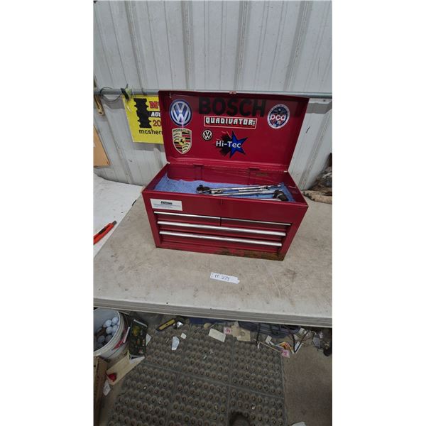Red Metal Tool Box with Sockets, Ratchets, and Torque Wrench
