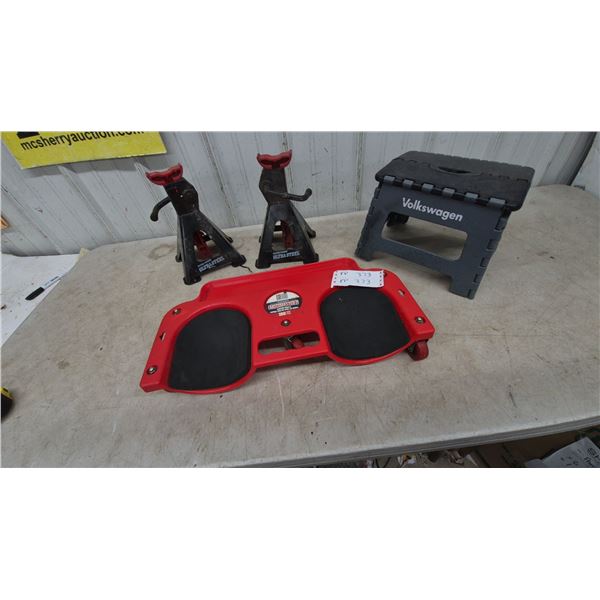 Motomaster 300 Lb. Capacity Rolling Knee Pads, 2 Ultra Steel Jack Stands, and Volkswagen Step Stool