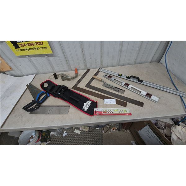 Jobmate 9” Level, Mastercraft Hand Saw, Jobmate Saw Set, Trowel, Squares