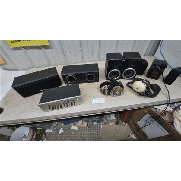 Realistic Five Band Stereo Frequency Equalizer, M-Audio Speakers, and Headphones