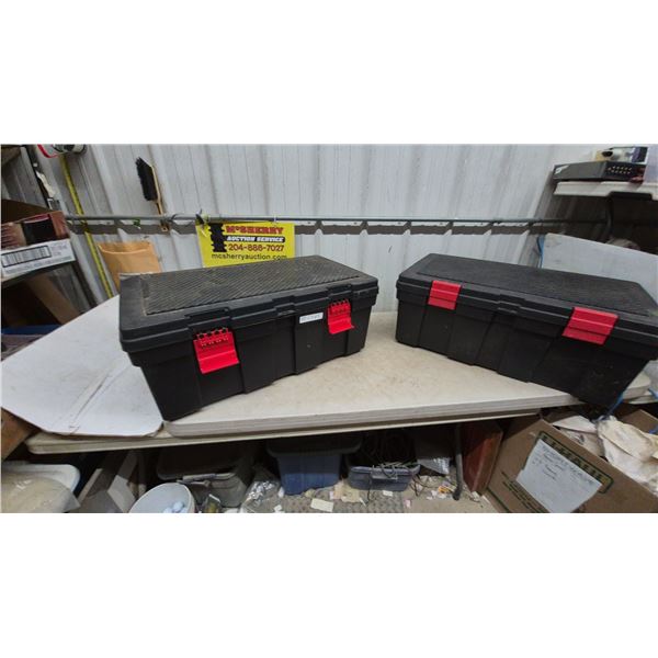 Two Black Plastic Storage Totes with Red Latches13”×32”×18”