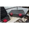 Image 5 : Two Black Plastic Storage Totes with Red Latches13”×32”×18”
