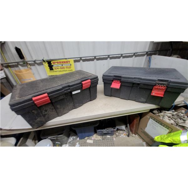 Two Black Plastic Storage Boxes with Red Latches 13”×32”×18”