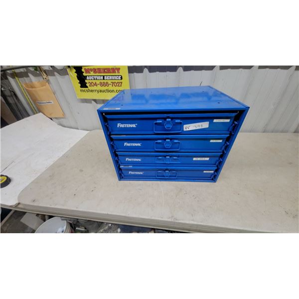 Fastenal 4-Drawer Metal Storage Cabinet with Contents tools and hardware, 20”×15”×16”