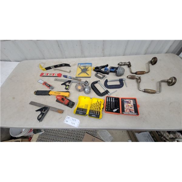 Assorted Hand Tools: Hand Drills, C-Clamps, Drill Bit Sets, Bostitch Stapler