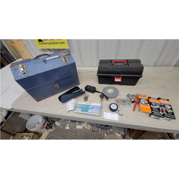Two Toolboxes, Grinding Wheel, Tire Pressure Gauge