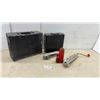 Image 1 : Two Cases, Red Hydraulic Jack, and Two Metal Hand Tools