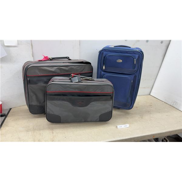 Three Pieces Luggage, Blue Wheeled Upright and Gray/Black Bags with Red Trim