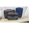 Image 1 : Three Pieces Luggage, Blue Wheeled Upright and Gray/Black Bags with Red Trim