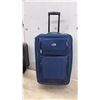 Image 2 : Three Pieces Luggage, Blue Wheeled Upright and Gray/Black Bags with Red Trim