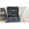 Image 4 : Three Pieces Luggage, Blue Wheeled Upright and Gray/Black Bags with Red Trim