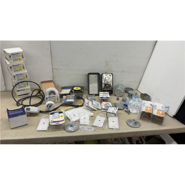 Assorted Electrical Supplies: Halo 983GUWHT Trim Rings, Intermatic Timer, Wall Plates