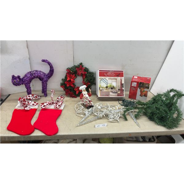 Assorted Christmas Decor: Tinsel Tree, LED Moose, Wreath, Stockings, Tinsel Cat, Lights