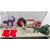 Image 1 : Assorted Christmas Decor: Tinsel Tree, LED Moose, Wreath, Stockings, Tinsel Cat, Lights