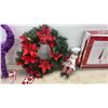Image 6 : Assorted Christmas Decor: Tinsel Tree, LED Moose, Wreath, Stockings, Tinsel Cat, Lights