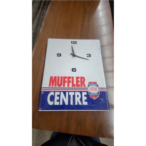 Muffler Centre Wall Clock with Marchmont Limited Lifetime Warranty Muffler Logo 12”×15”