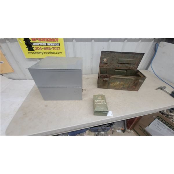 Vintage Ammo Box, Metal Storage Box, and Canadian Blue Bird Coach First Aid Kit
