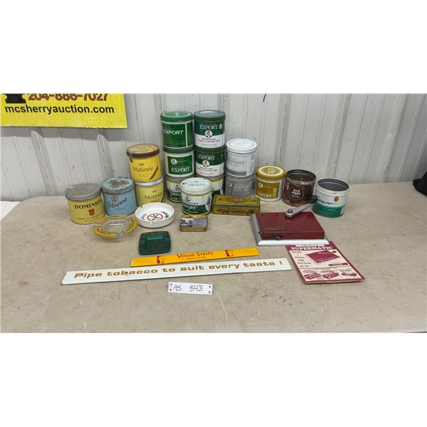 Vintage Tobacco Tins, Premier Supermatic Cigarette Roller, Ashtrays, and Vogue Strips Papers